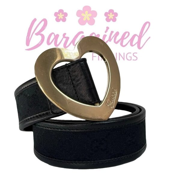 Authentic Gucci Black Monogram Canvas Leather Gold Heart Buckle Belt Size 75/30 - Picture 1 of 13